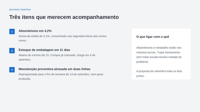 Três itens numerados com um quadro de comentário ao lado