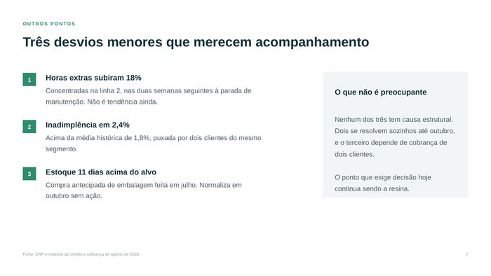 Três desvios numerados com um quadro de análise